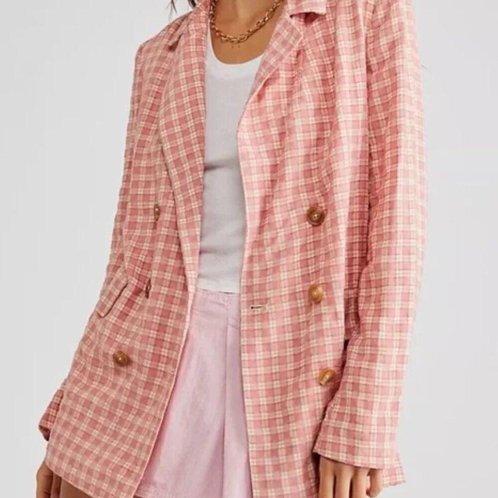 Free People Olivia Gingham Blazer Jacket Pink Size XS NWT Retail $178 - Picture 2 of 9